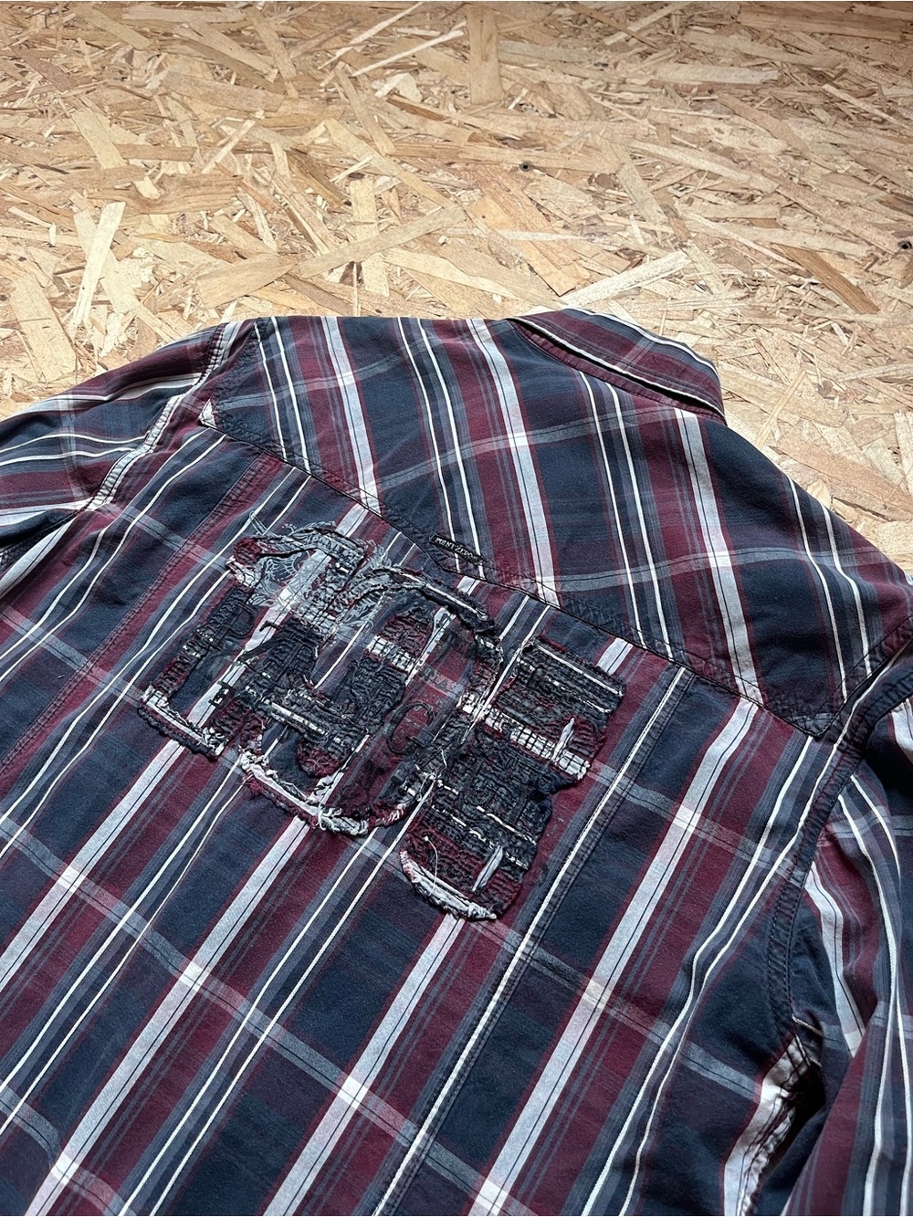 Point Zero Burgundy and Navy Plaid Button-Down Shirt with Back Patch
